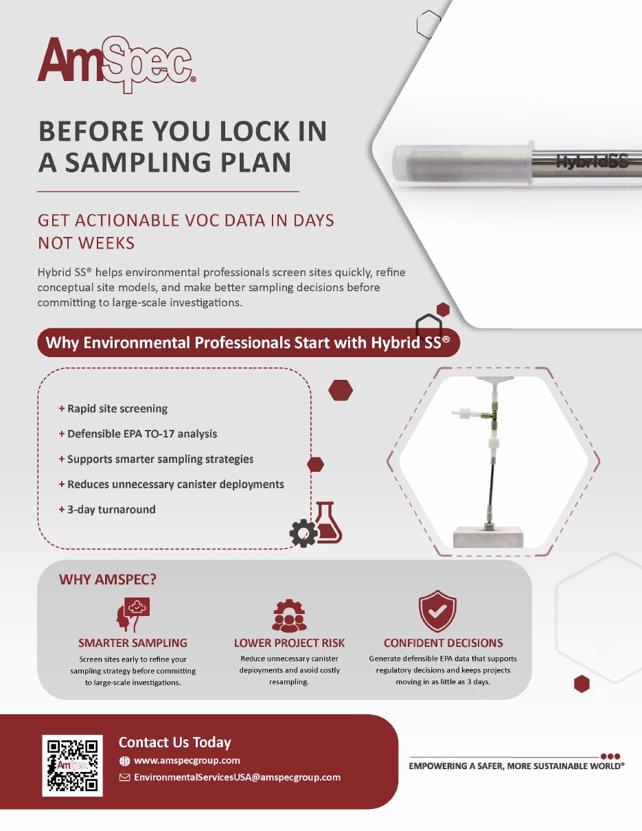 AmSpec Hybrid SS flyer with a sampling device, service benefits, and burgundy section headings.