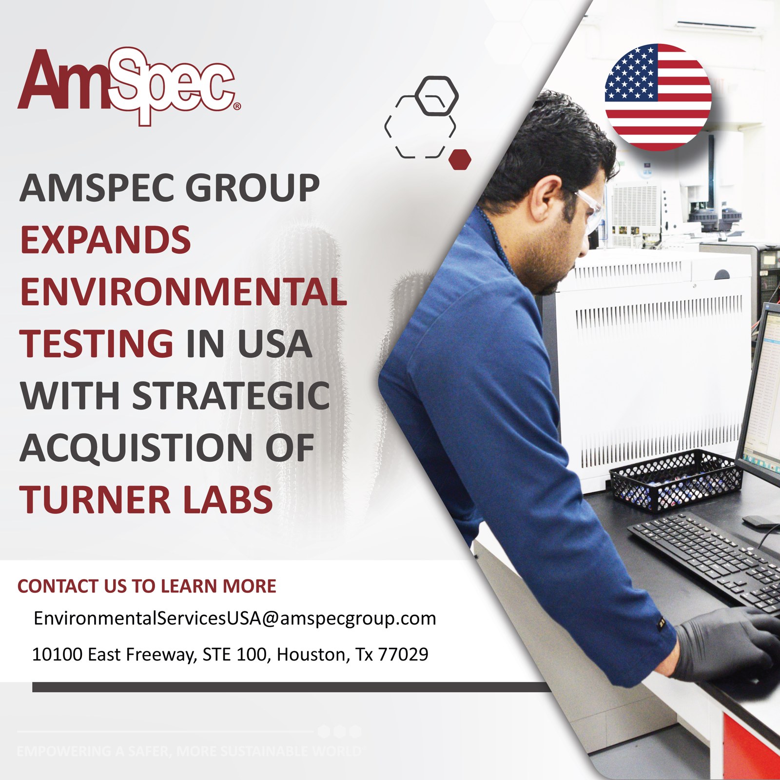 AmSpec acquisition announcement graphic featuring Turner Labs and a laboratory technician.