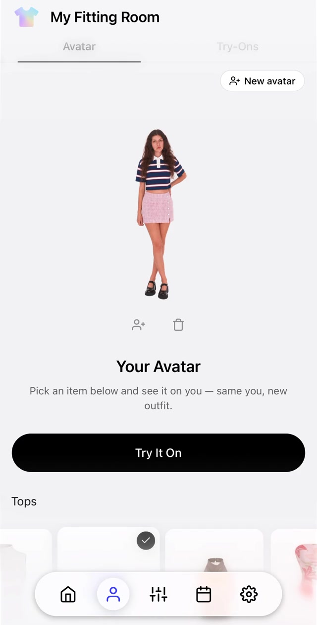 Completed My Fitting Room try-on showing an avatar in a striped top and pink skirt.