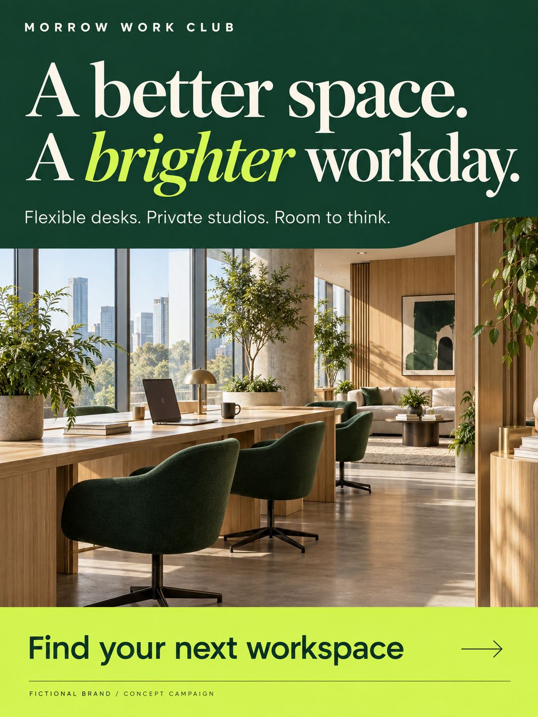 Morrow Work Club concept flyer: A better space. A brighter workday. Flexible desks, private studios, and room to think.